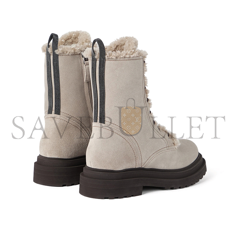 BRUNELLO CUCINELLI SHINY SUEDE ANKLE BOOTS WITH EMBELLISHED HEEL TABS AND SHEARLING SHEEPSKIN LINING 252MZSFG3123